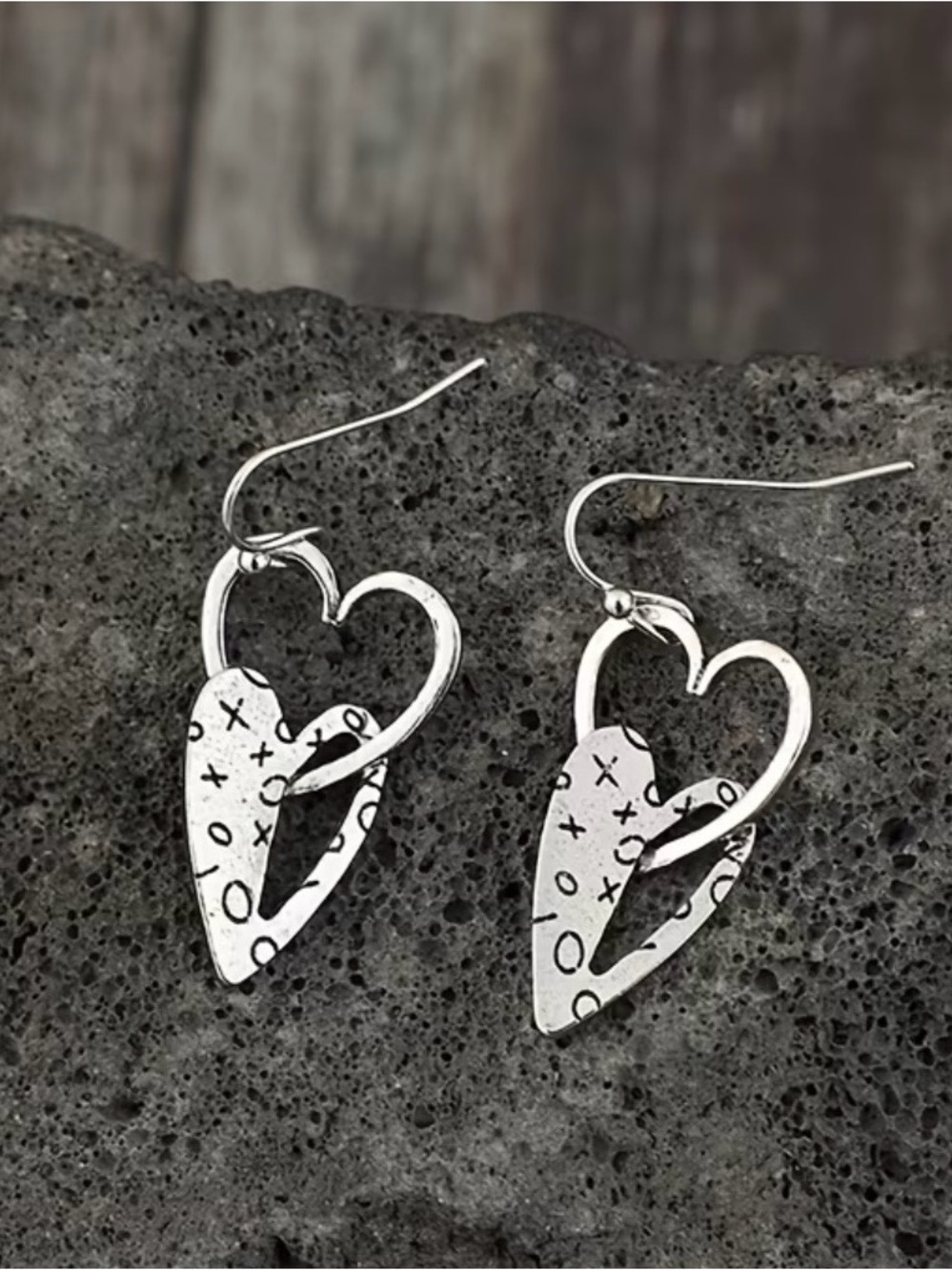 Silver Heart Drop Earrings with XO Pattern